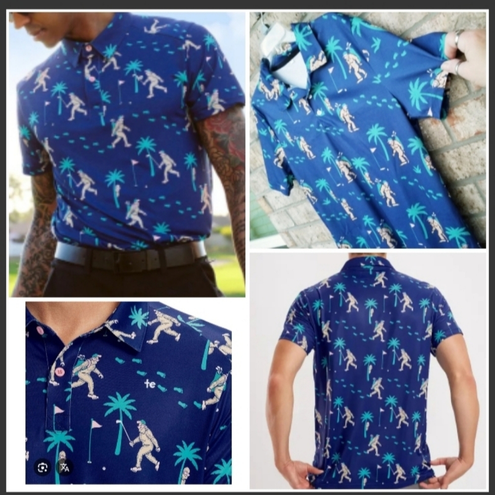 Athletic BigFoot Bohey Golf Polo (Men MED) SSleeve BLUE Sasquach Stretch Shirt